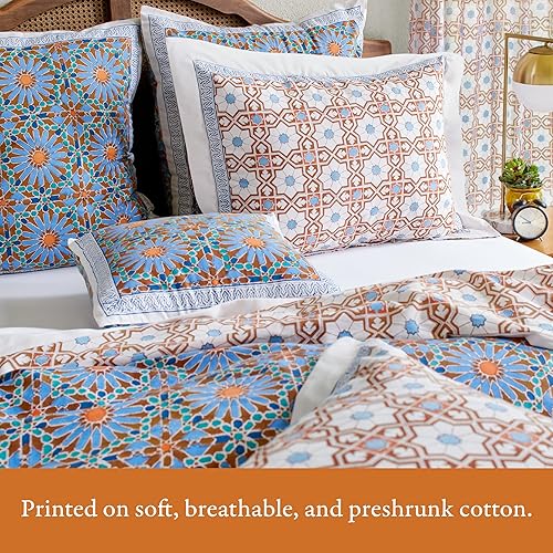 Miniatura 3 de Saffron Marigold Funda de edredón geométrica azul tamaño Queen, 100% algodón, reversible, estampado a mano, funda de cama decorativa para decoración