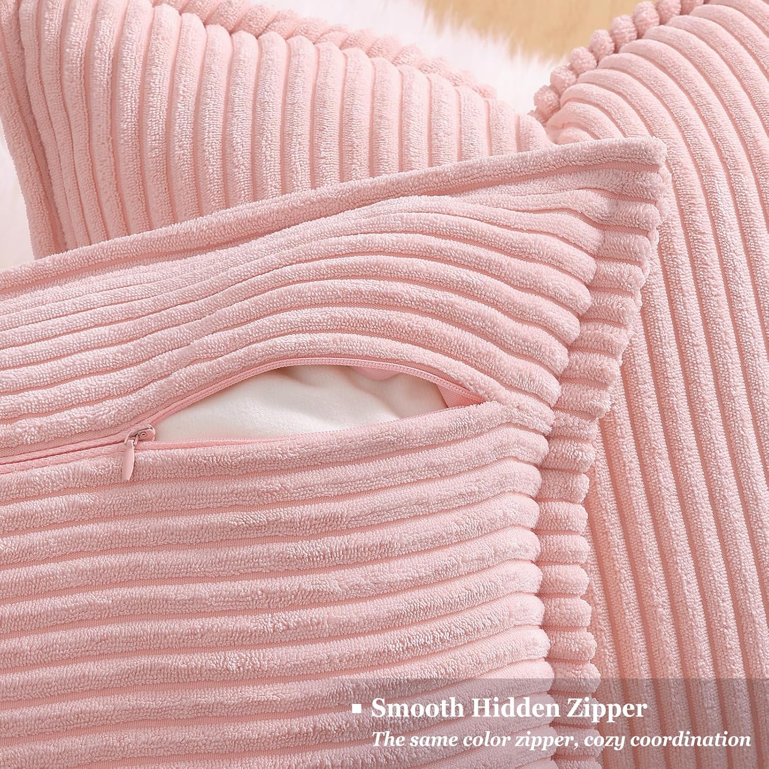 decorUhome Spring Valentines Corduroy Pink Throw Pillow Covers 18x18 Set of 2 Decorative Soft Boho Farmhouse Couch Pillow Covers for Living Room Bed Sofa Broadside Striped Pillow Cases - Image 3