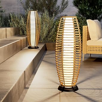 Solar Yard Outdoor Floor Lamp 2-Pack Solar Lights Solar Powered Lantern Weather-Resistant Wicker Deck Lights, Lamp Large for Patio Garden Austin Natural Brown, 2PCS