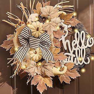 Valery Madelyn 22'' Collapsible Fall Wreaths for Front Door, Neutral Autumn Door Wreath with Lights Pumpkins Bow Outdoor Fall Halloween Decorations for Home Porch Thanksgiving Harvest Outdoor Decor