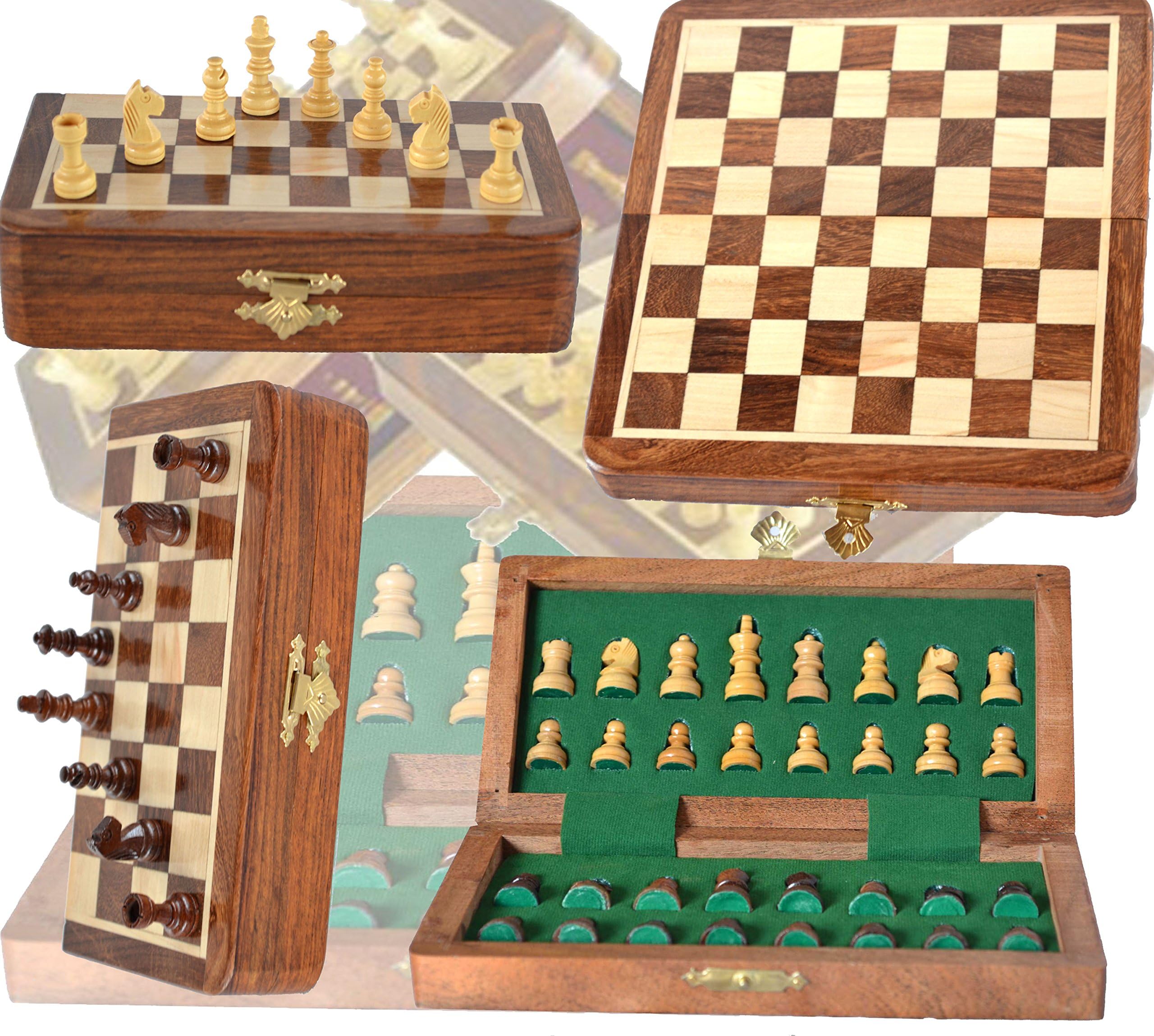 PalmRoyal Collectible Folding Wooden Chess Game Board Set with Magnetic Crafted Pieces, 12" X 12"