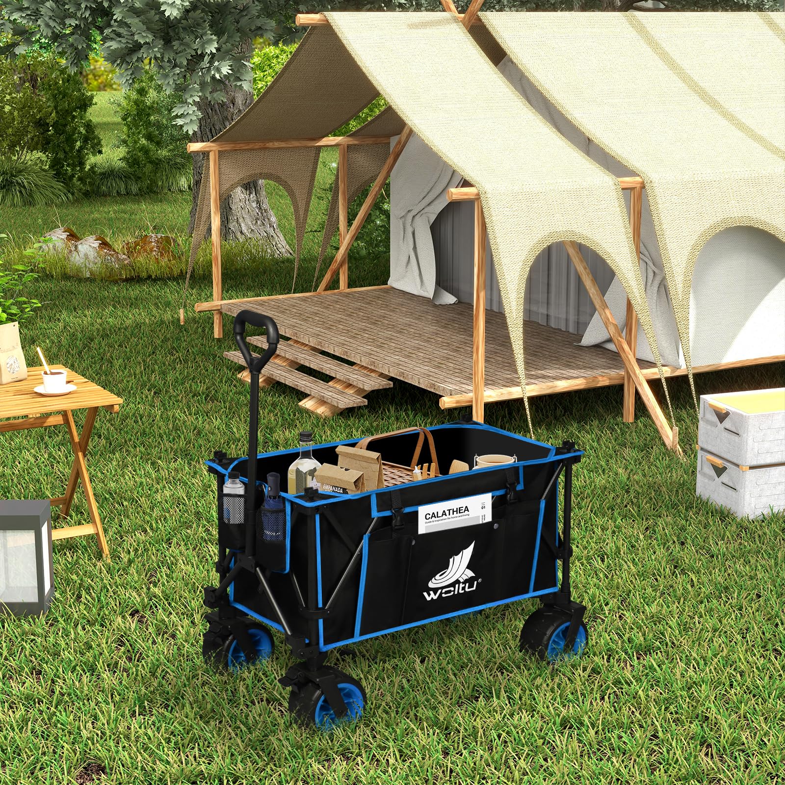 WOLTU Chariot de Jardin à roulettes, Chariot Pliable avec Plateau Amovible, Capacité 120kg, en Tissu Oxford+Acier, Noir+Blue