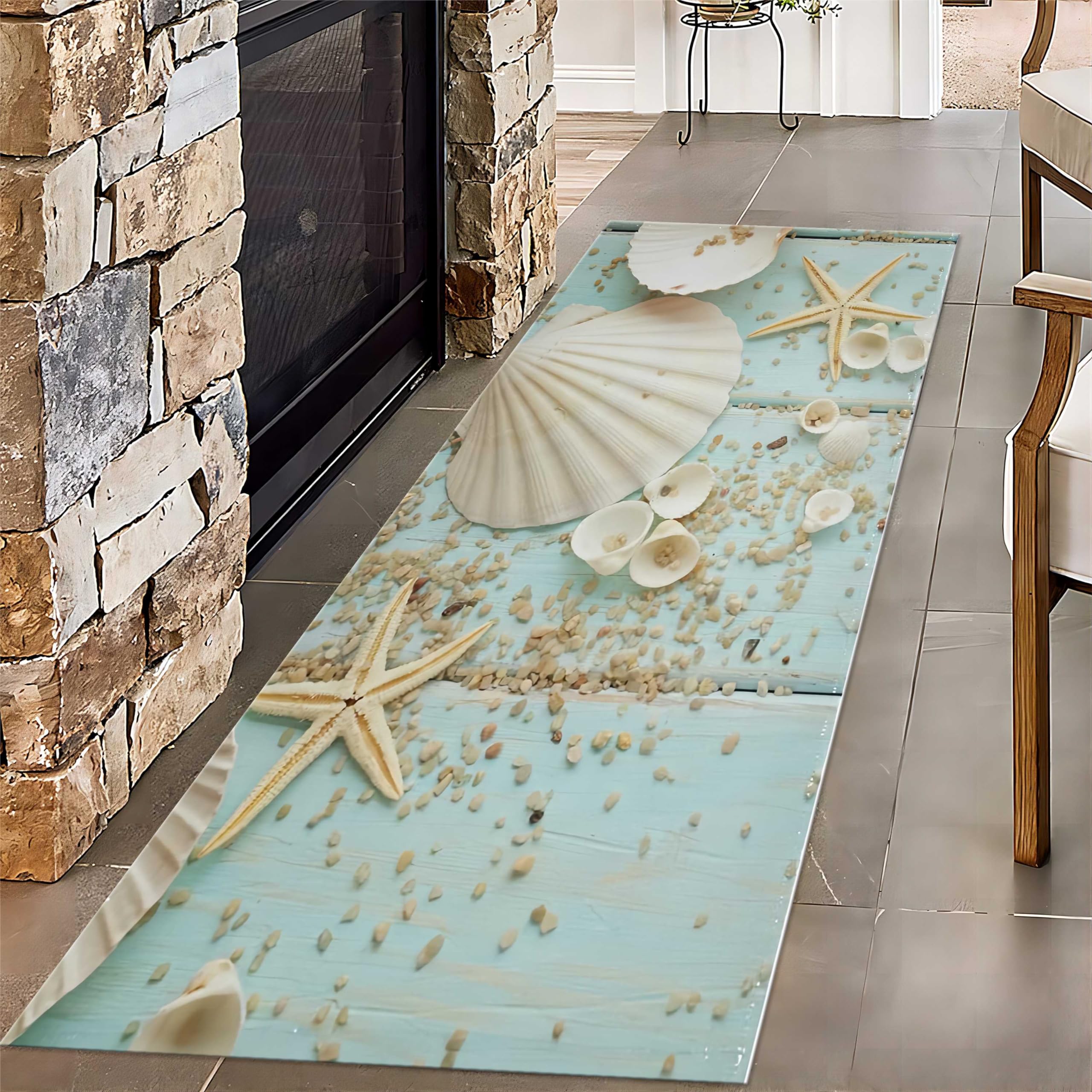MUOUCTE Starfish Shell Runner for Entryway, 2x8ft, Beach Stone Summer Vacation Runner Rug, Breathable Machine Washable Rugs, Soft Cozy Non Slip Carpet