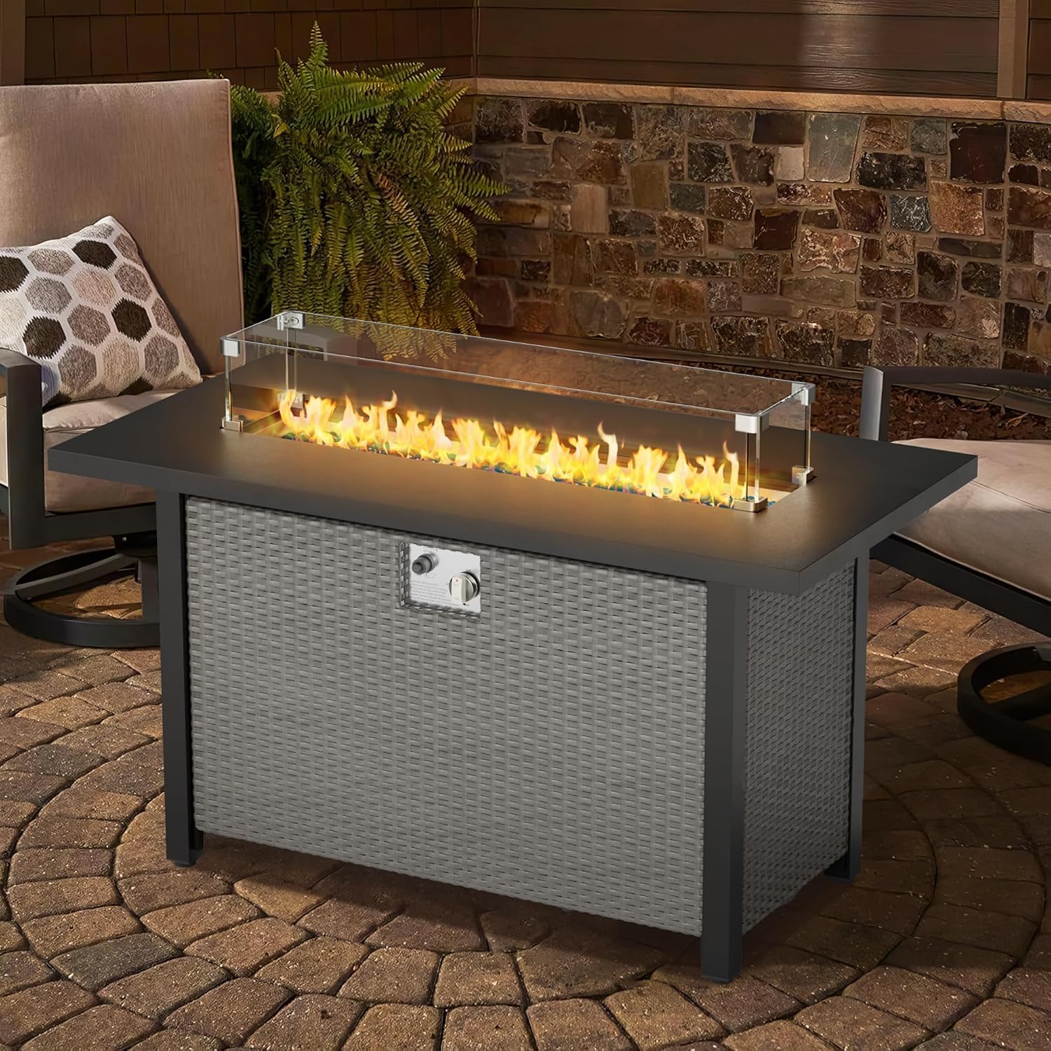 45" Outdoor Propane Gas Fire Pit Table, 50000 BTU Rectangle Rattan Propane Fire Table for Garden,Backyard,Deck Patio(Grey)