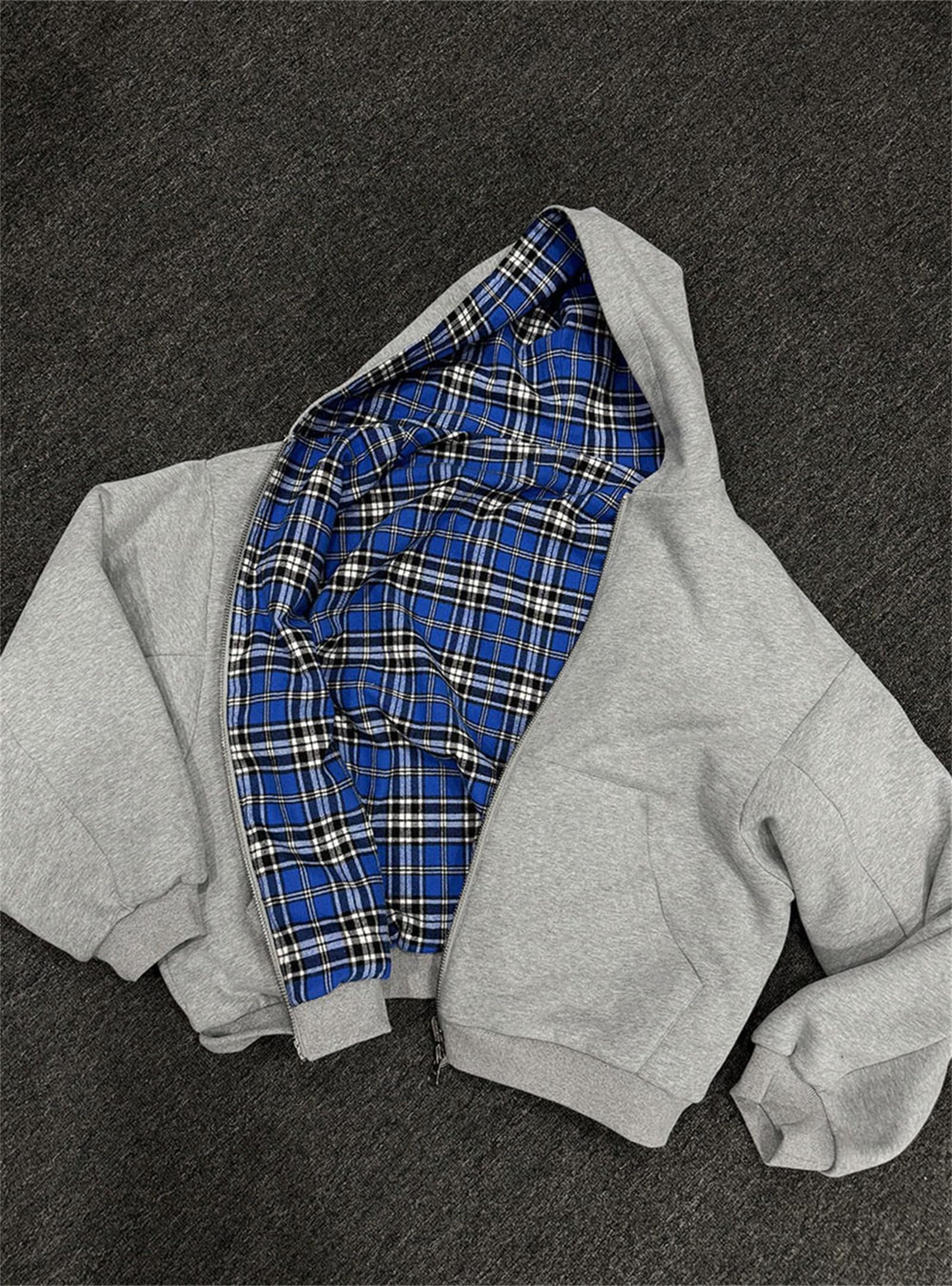 Generisch Oversize-dwustronna bluza z kapturem dla kobiet i mężczyzn, w kratkę, w stylu Streetwear-vintage, z zamkiem błyskawicznym i kapturem