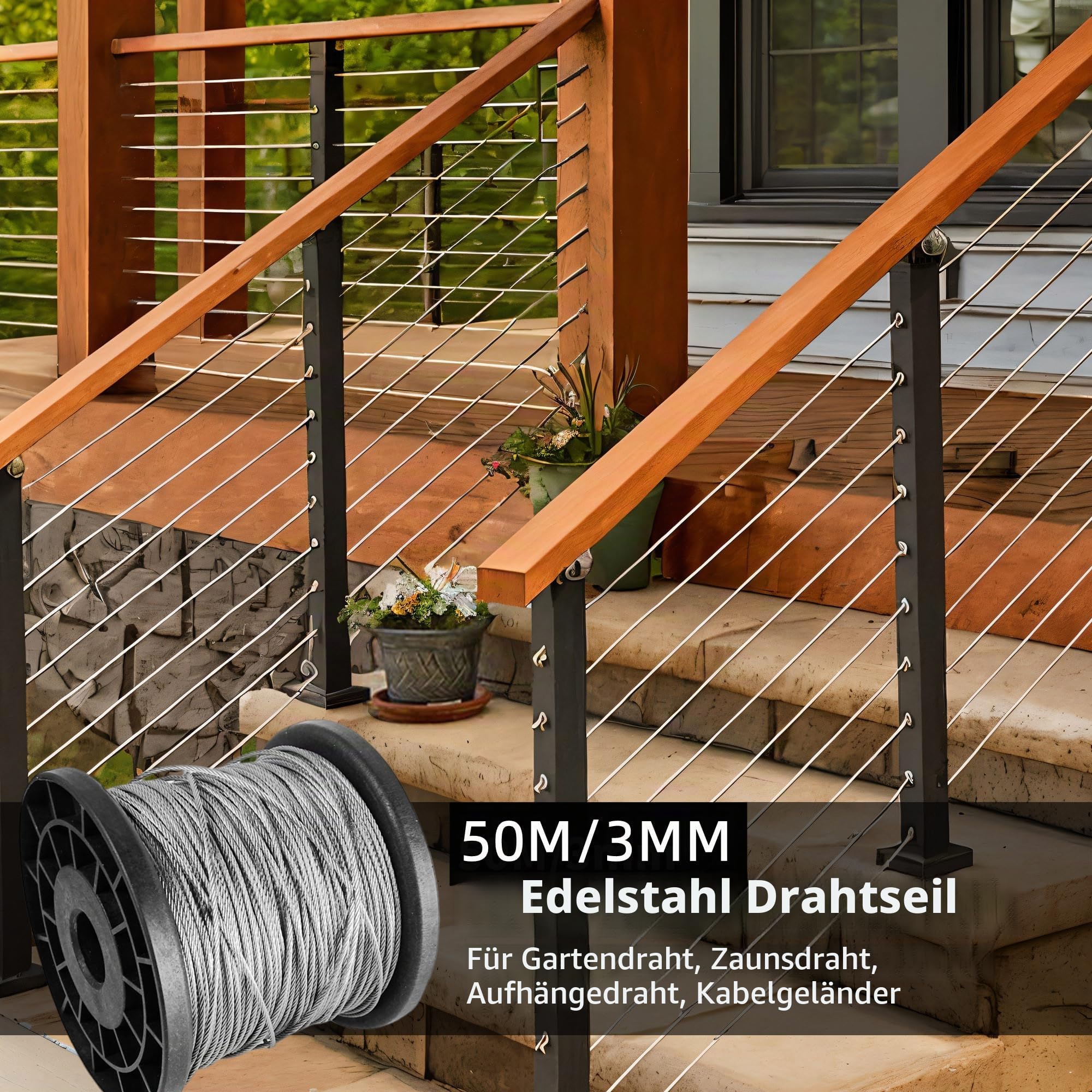 50m 3 mm Drahtseil, Edelstahlseil 7x7 für Rostfrei Seil, mit 30 Bügelformklemme M5 Spannschlösser Drahtseil kauschen Edelstahl Stahlseil kit