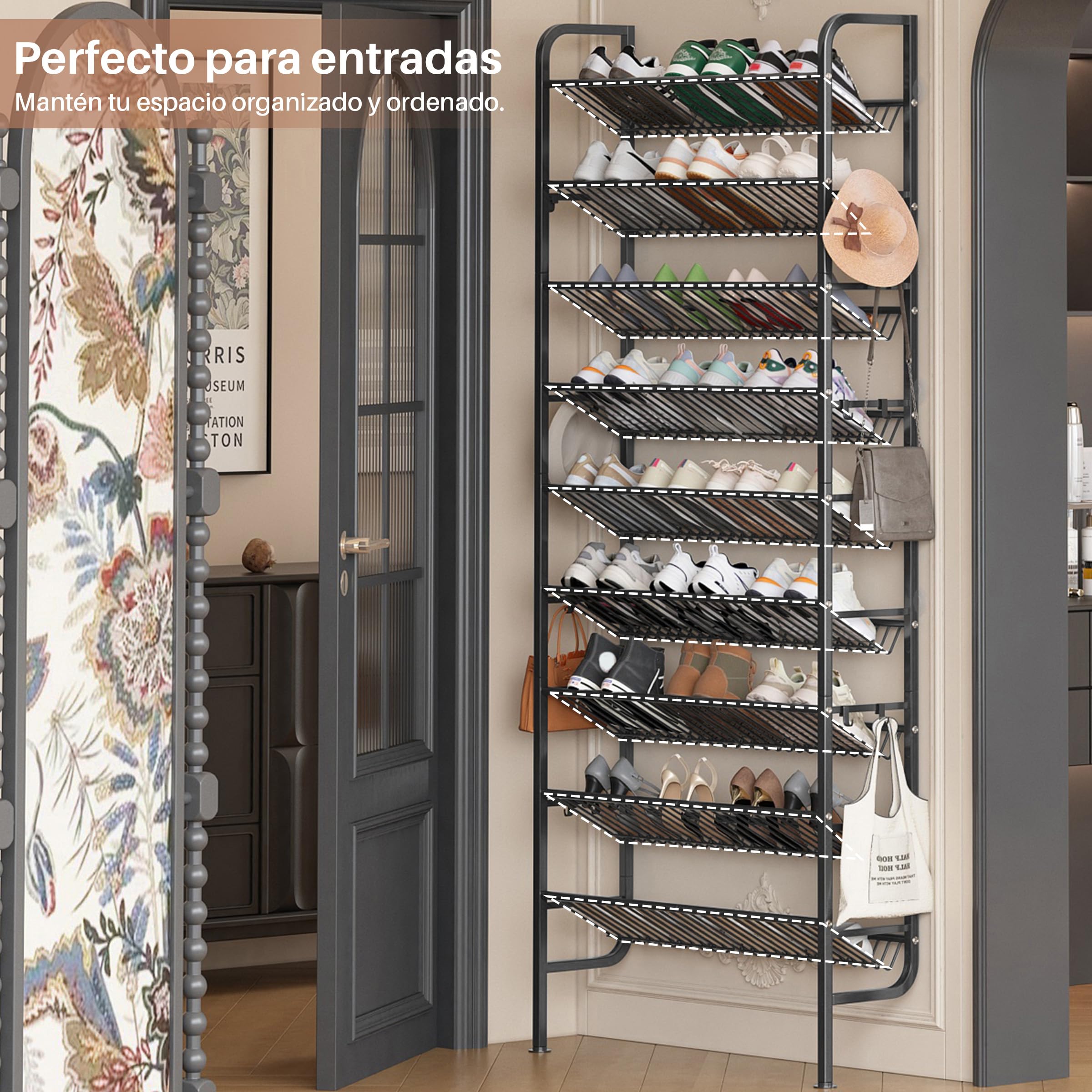 Zapatero para Puerta, Zapatero MetáLico de 9 Estantes para Colocar detráS de la Puerta, Zapatero Abierto, con 12 Ganchos para Despensa, Recibidor, SalóN (Negro, 70 x 20 x 177 cm)
