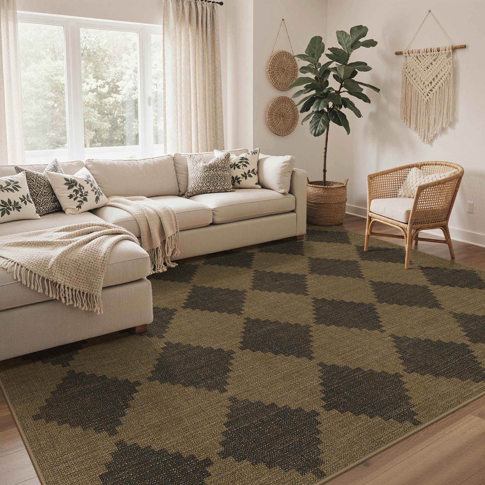GENIMO Faux Jute Indoor Outdoor Runner Rug, Washable Non Slip Patio Garden Rug, Quick Dry Breathable Synthetic Jute Look, Soft Anti Fatigue, Kids & Pet Friendly, Chevron Diamond 240x300CM