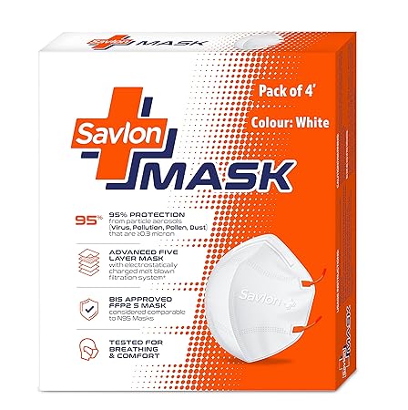 Savlon Earloop Mask, BIS Certified FFP2 S Mask without valve, Comparable to N95, Pack Of 4, For Men & Women