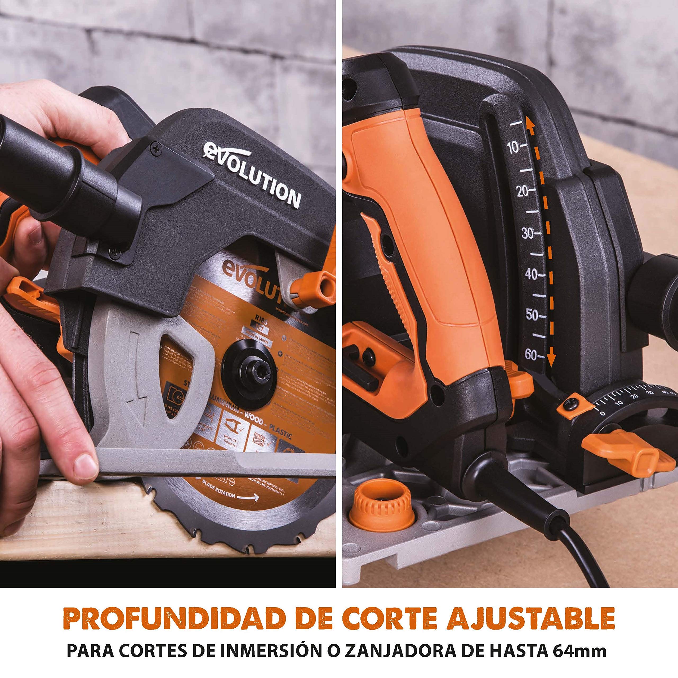 EVOLUTION POWER TOOLS R185CCSX Sierra Circular multimaterial Compatible (Paquete de combinación 1020 mm con guía incluida), 230 V, 185 mm