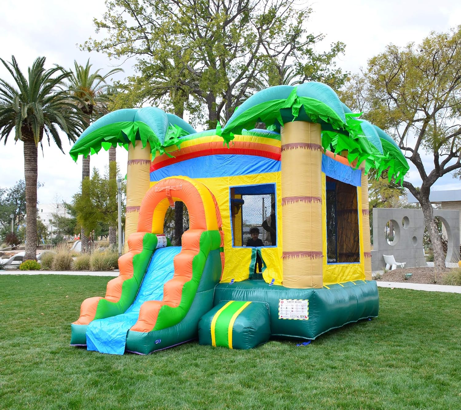 HeroKiddo 12’x 18’ Tropical Breeze Inflatable Bounce House with Slide Combo, with Built-in Basketball Hoop and Blower, 13' Tall Commercial PVC Jumper for Kids, Adult and Rental Use, Indoor & Outdoor