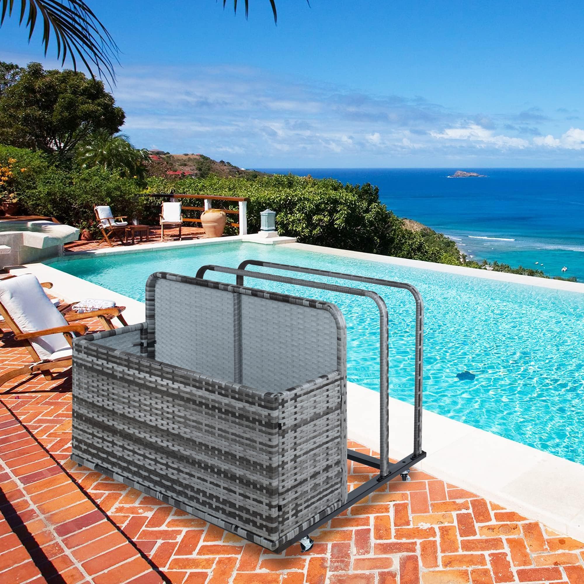 Condition photo showing Good Condition for garvee double layer poolside float storage organizer, outdoor wicker pool storage bin for floats & toys, rolling poolside storage rack for pool toy noodles equipment 