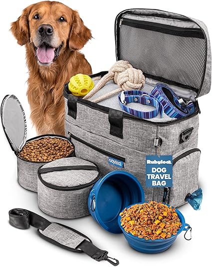 The Original Doggy Bag™ - Complete Dog Travel Bag for Supplies with 2 BPA-Free Travel Dog Bowls & 2 Pet Food Containers - Traveling Kit for Road Trips, Camping, Weekend Away or Doggy Gift - Grey