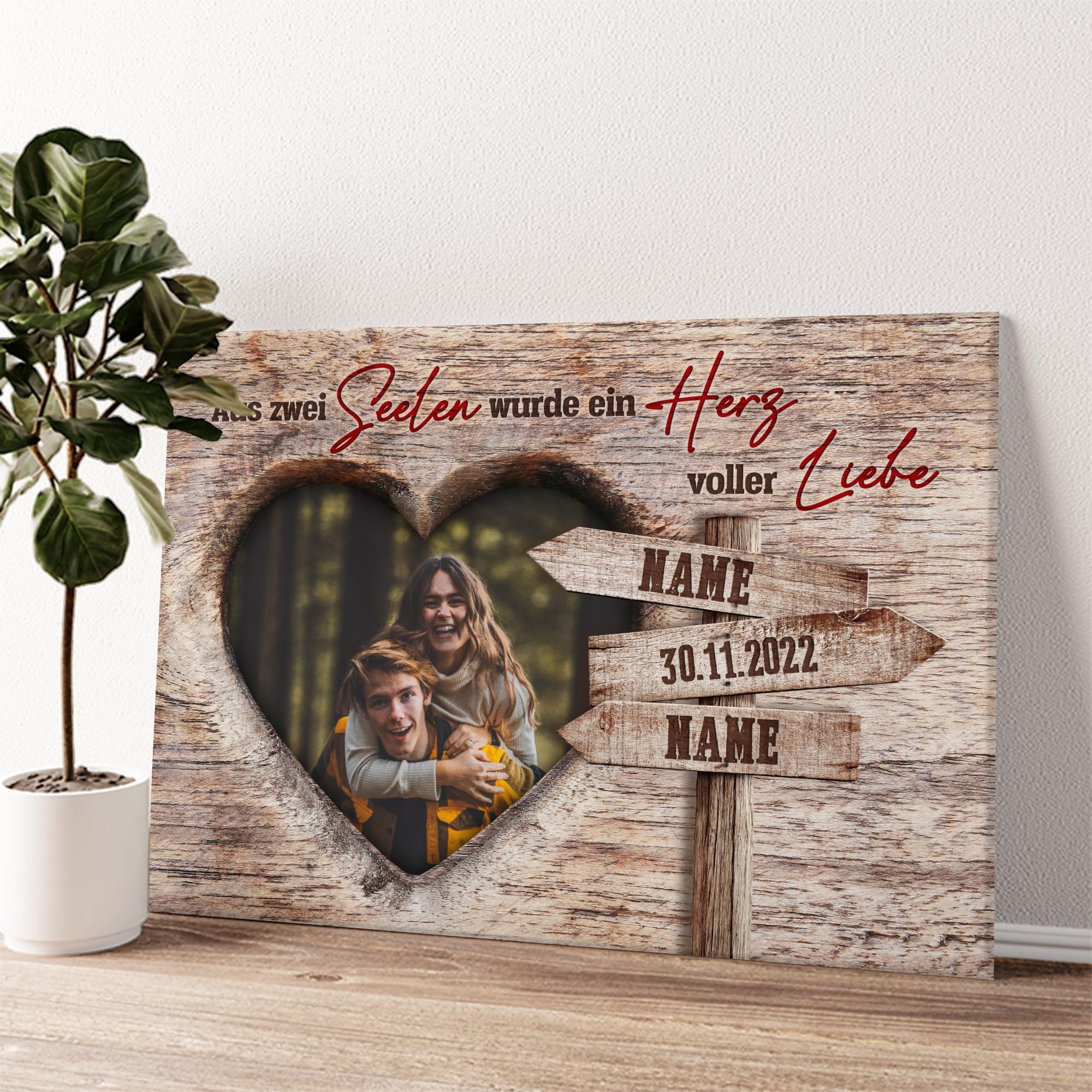 Liebesleinwand Leinwand mit Foto personalisiert | Geschenk für sie oder ihn zum Jahrestag, Verlobung, Hochzeitstag | Leinwandbild gestalten mit Namen und Datum | Romantische Gedanken