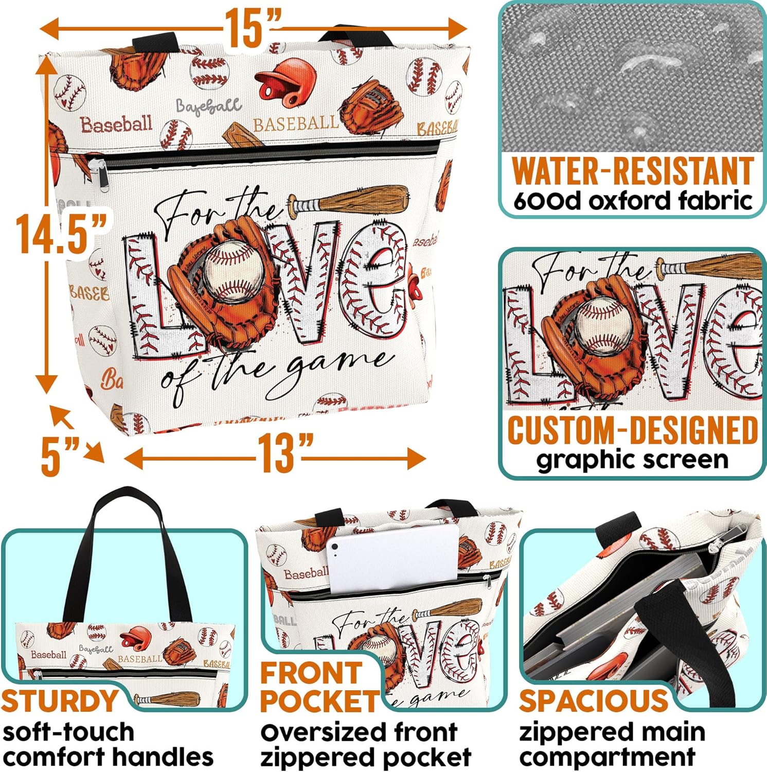 84hoods Waterproof Tote Bag with Pockets and Zipper for Work. Gift for Baseball Players and Lovers. Shoulder Bag for Women.