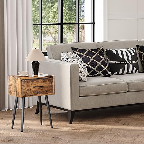 Miniatura 8 de Juego de 2 mesitas de noche pequeñas, mesita de noche con cajón de tela, mesa auxiliar idustrial con patas de metal, mesa auxiliar de sofá para