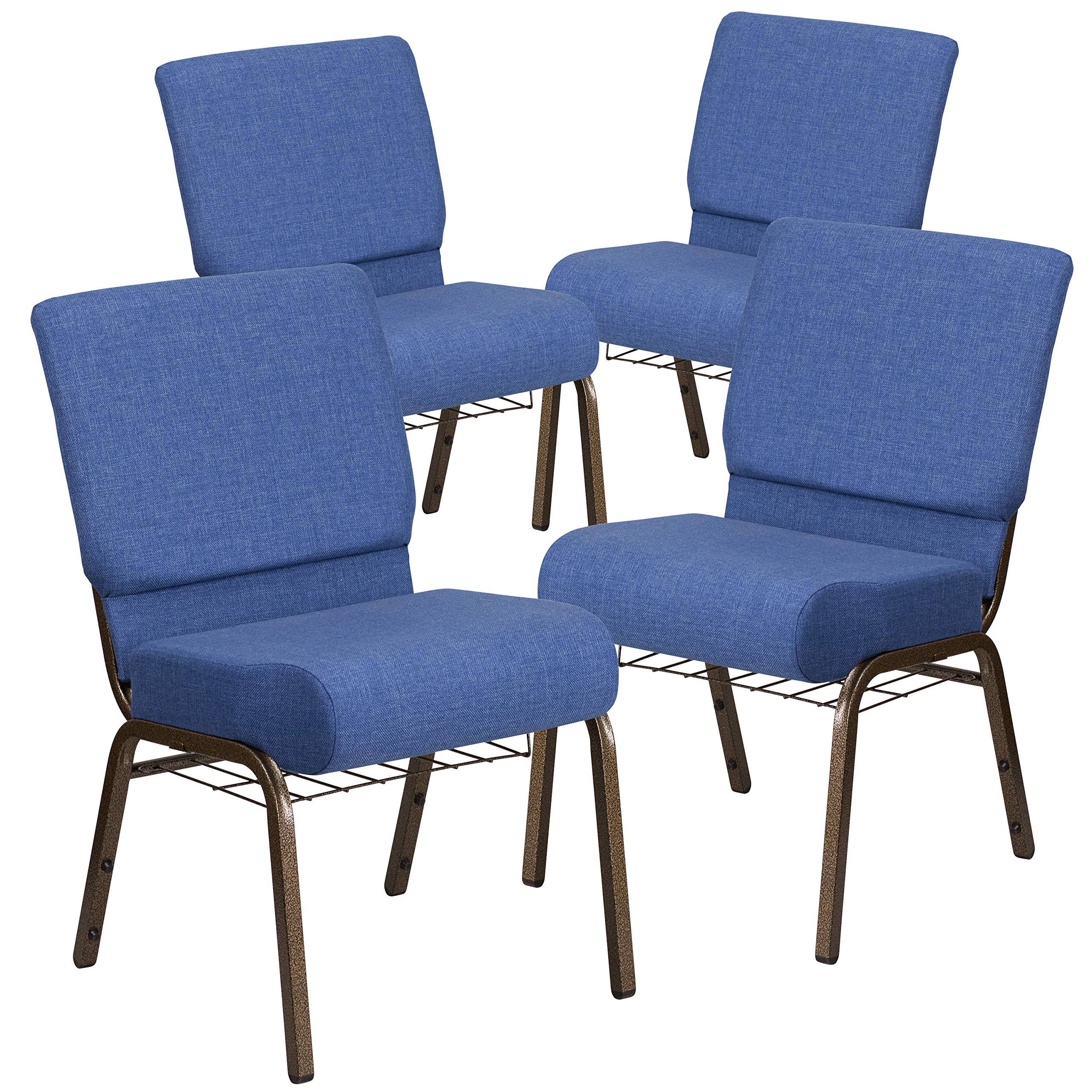 Flash Furniture 4 Pack HERCULES Series 21''W Church Chair in Blue Fabric with Cup Book Rack - Gold Vein Frame