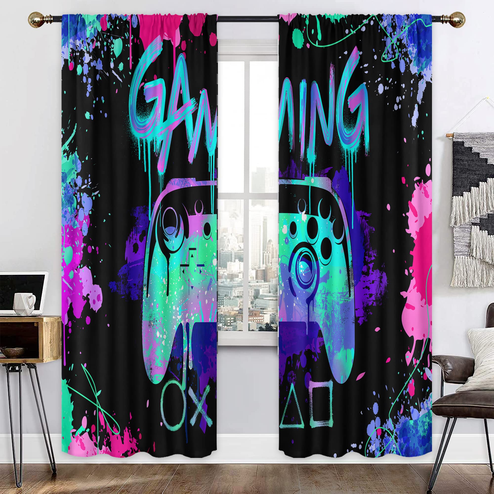 Teal Gaming Curtains for Boys Bedroom 52Wx84H Inches Rod Pocket Men Video Games Room Decor Kids Gamer Controller Colorful Cool Gamepad Teens Girls 2 Panels Window Treatment Set for Living Room