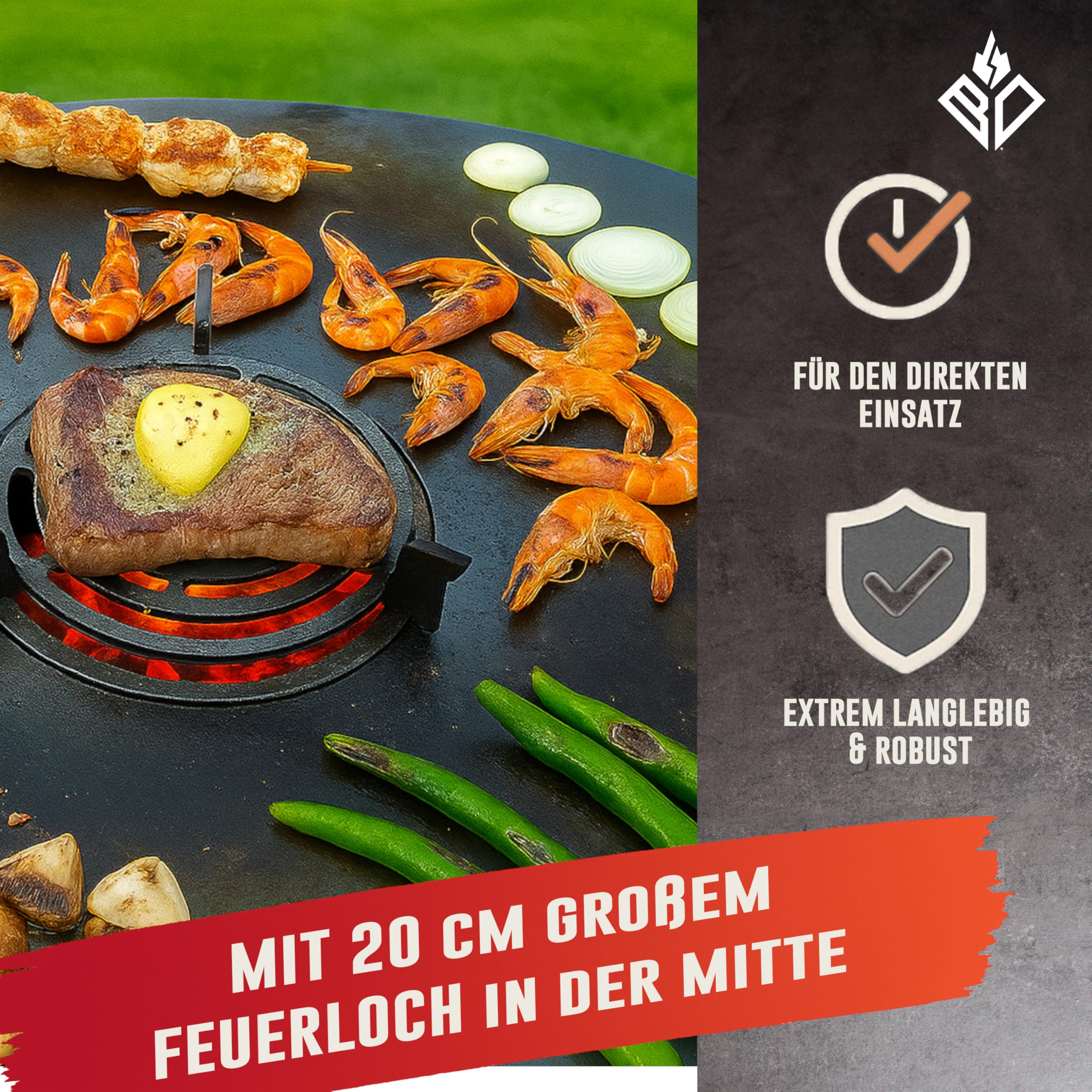 Feuerplatte für Feuertonne & Kugelgrill ⌀ 80cm (Made IN Europe) aus legiertem Stahl (6mm Stärke) - Grillplatte & Grillaufsatz (rund) mit Feuerloch & Handgriffe - BBQ Grillring