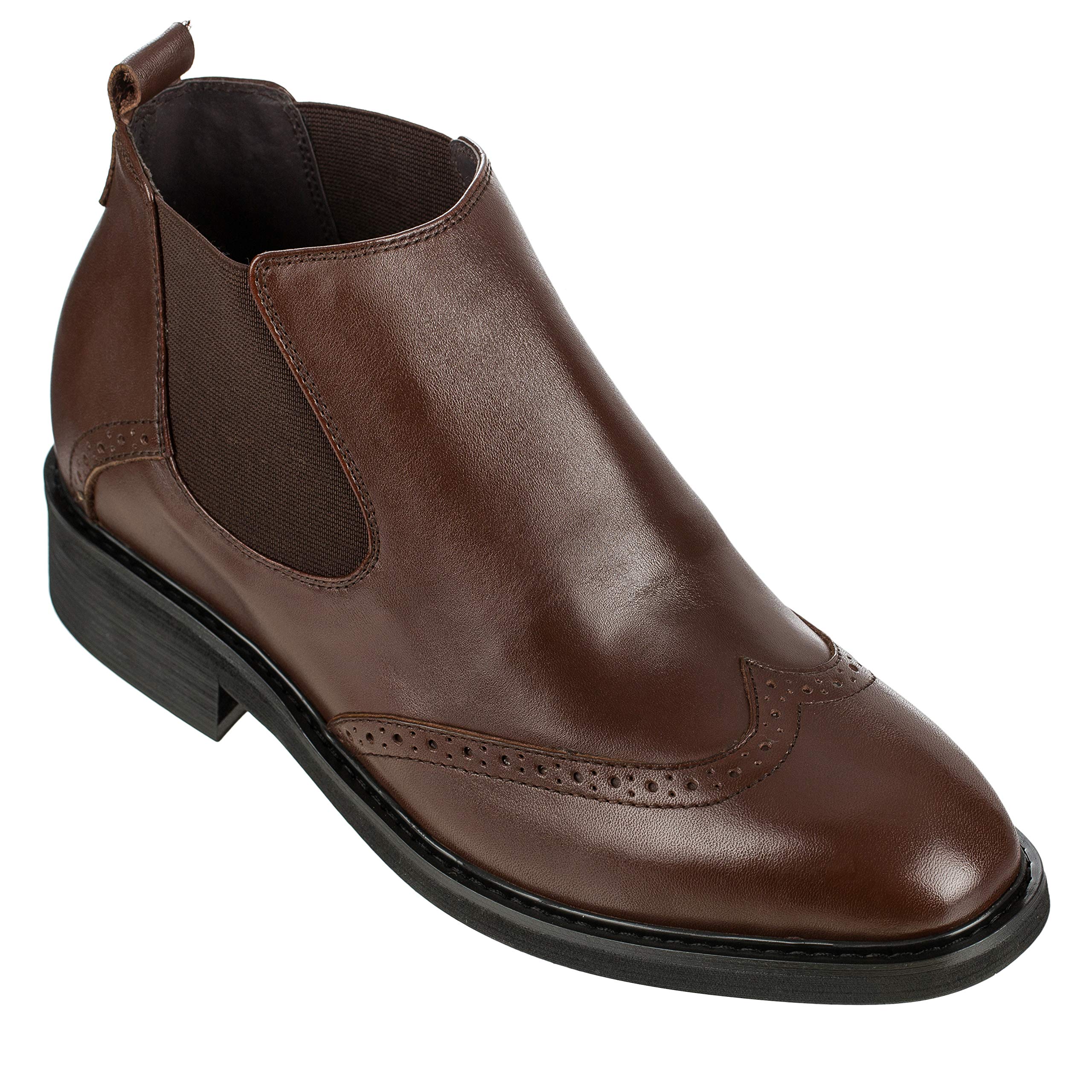 CaldenMen's Invisible Height Increasing Elevator Shoes - Leather Slip-on Wing-tip Chelsea Boots - 3 Inches Taller
