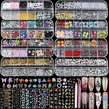 Teentior Nail Charms Nail Stickers with Nail Gems Kit, 8 Boxes Nail Art Rhinestones Gold Rhinestones for Nails, Nail Charms and Gems Pearls for Nails, 3D Nail Art Design Kit Nail Decorations for Women