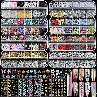 Teentior Nail Charms Nail Stickers with Nail Gems Kit, 8 Boxes Nail Art Rhinestones Gold Rhinestones for Nails, Nail Charms and Gems Pearls for Nails, 3D Nail Art Design Kit Nail Decorations for Women