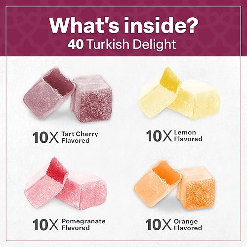 Miniatura 6 de Eastanbul Turkish Delights - Dulces turcos surtidos de 21.2 onzas, 4 sabores de granada, naranja, cereza ácida y limón delicias turcas surtidas,