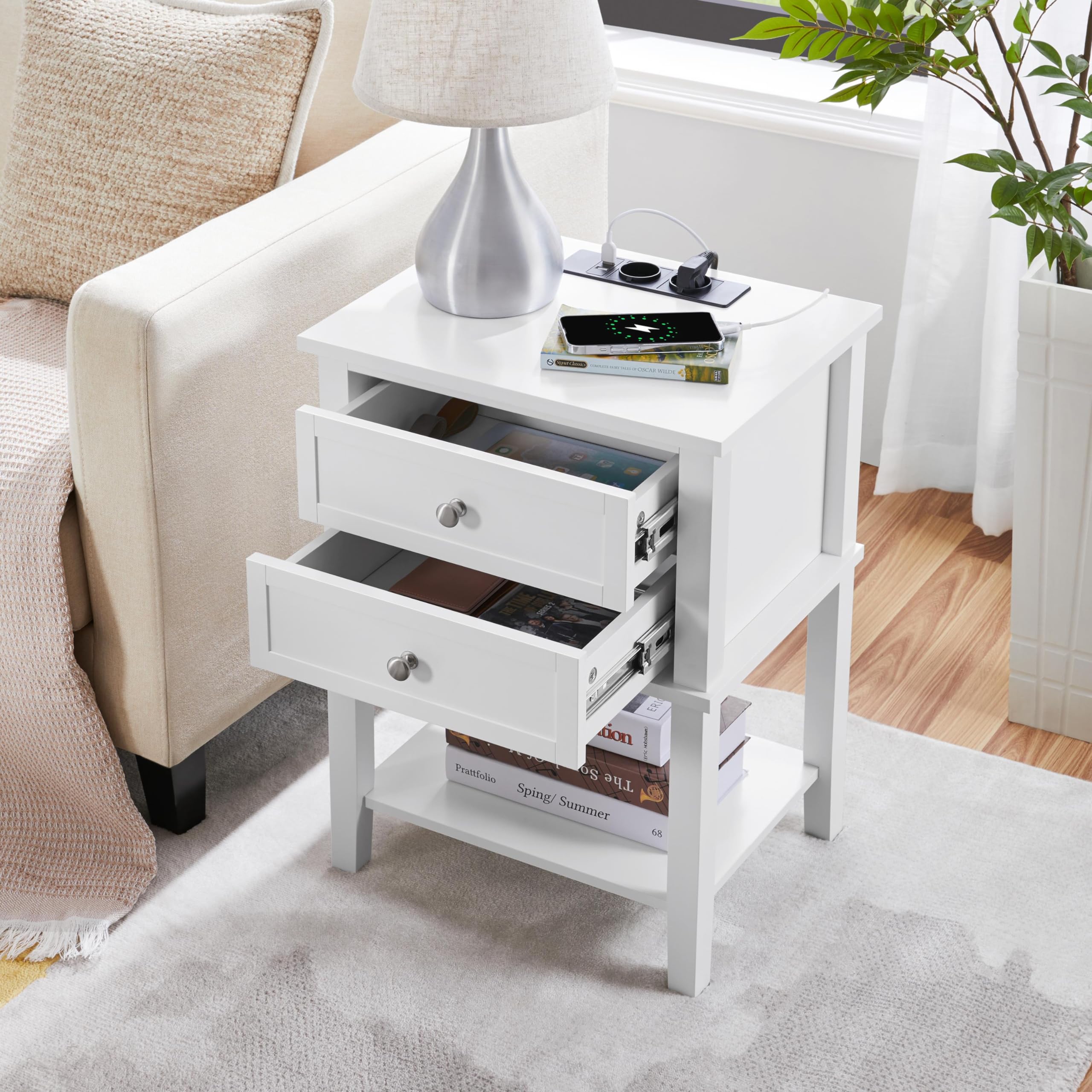 Yaheetech Mesita de Noche con Estación de Carga USB Mesilla de Noche con 2 Cajones y 1 Estante Mesas Auxiliar Blanco 45x35x61 cm para Cama Dormitorio Sala de Estar