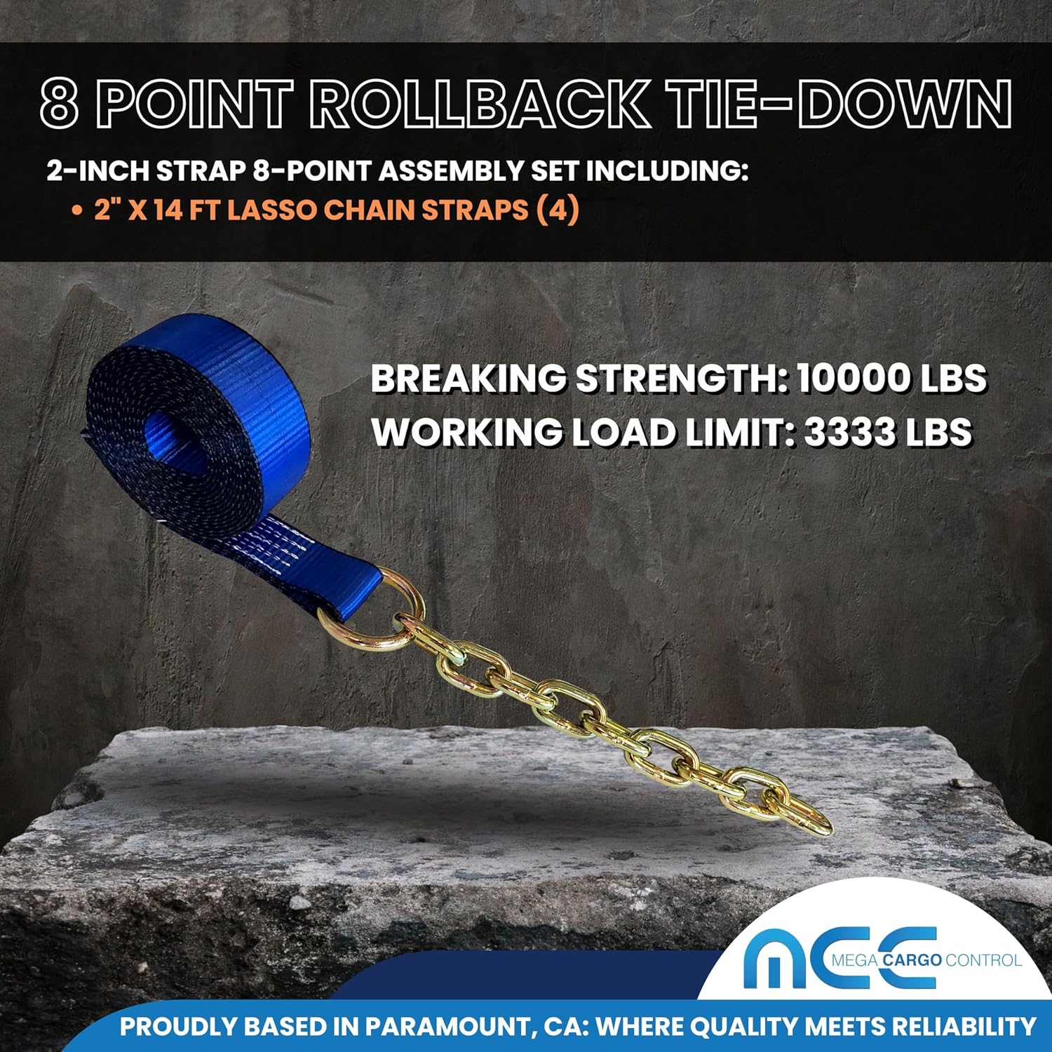 Mega Cargo Control Blue 8 Point RollBack Tie Down Kit with Chain Extensions for Car Hauler Carrier Tow Truck, Towing, Flatbed