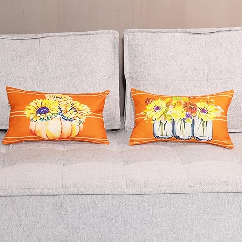 Miniatura 8 de HOMFREEST Juego de 2 fundas de almohada florales otoñales de 18 x 18 pulgadas, fundas de cojín de rayas otoñales de granja, jarrón, fundas de