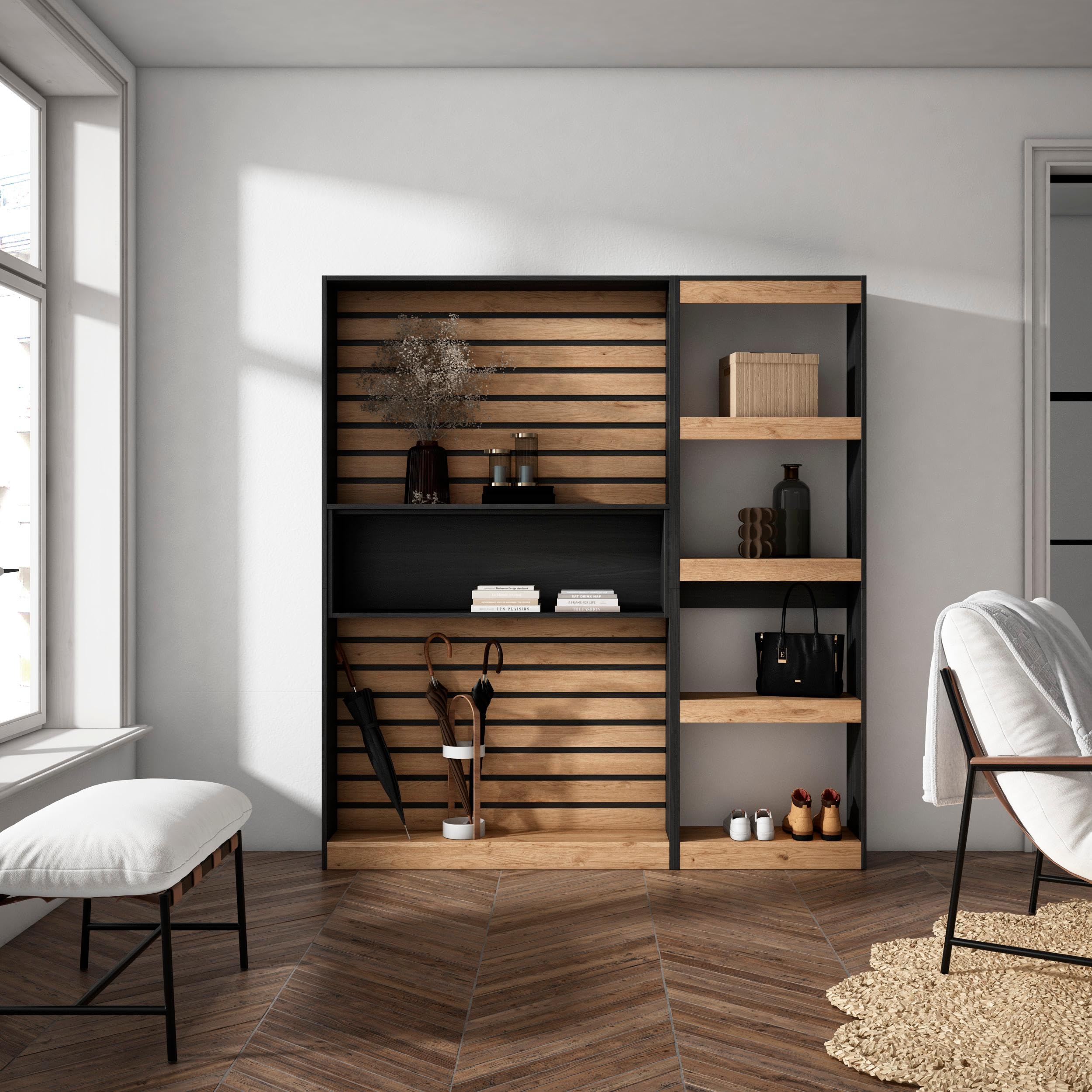 Skraut Home | Bücherregal Bibliothek | Bookshelf, Bookcase | 170x186x25cm | Wohnzimmer, Esszimmer, Büro | Aufbewahrungsregal | Moderner Stil | Eiche Schwarz