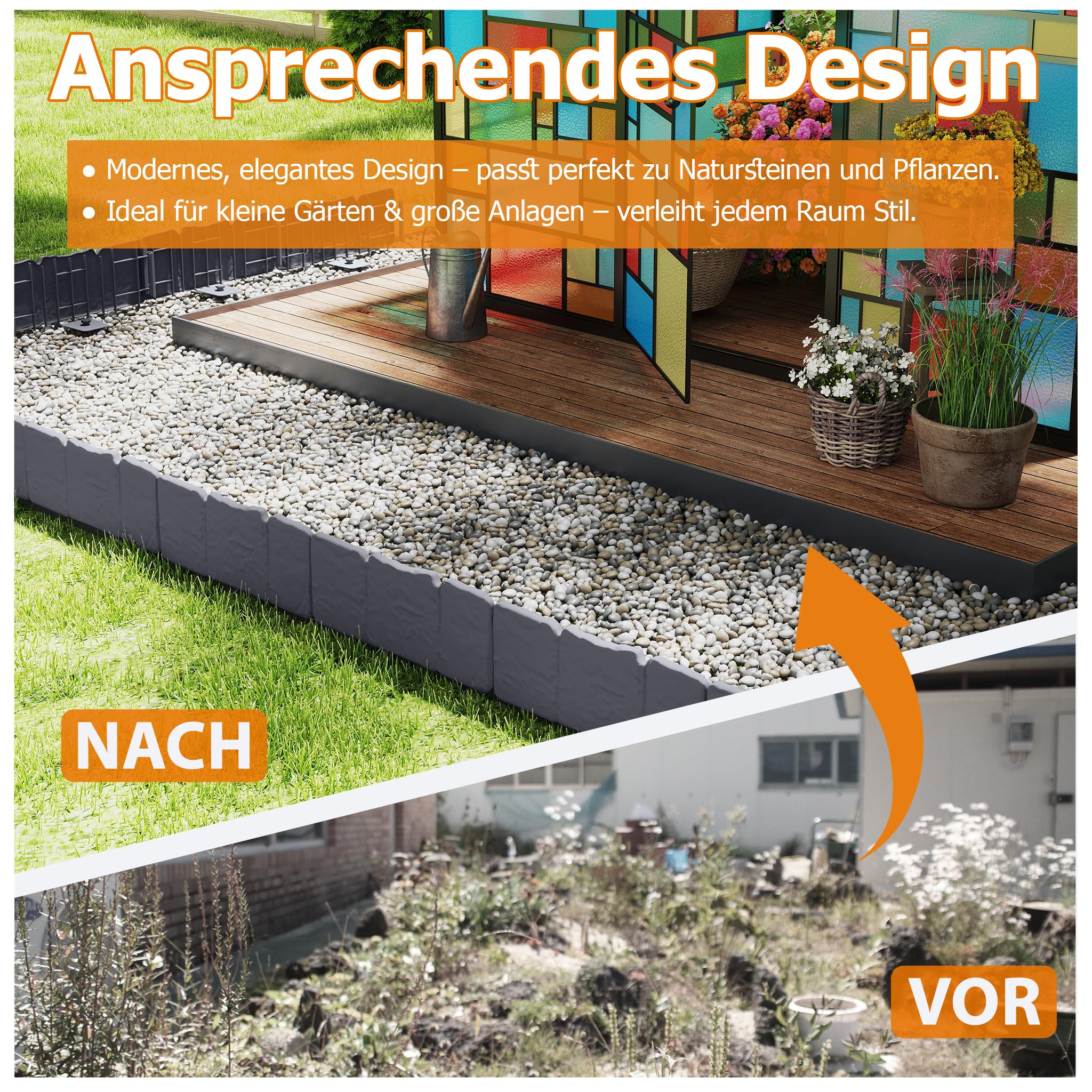 YRhome Bordo per prato, 15 m, in plastica effetto pietra, flessibile e stabile, bordo per aiuole, bordo per falciare, palizzata, facile da applicare, per giardino, recinzione decorativa, antracite