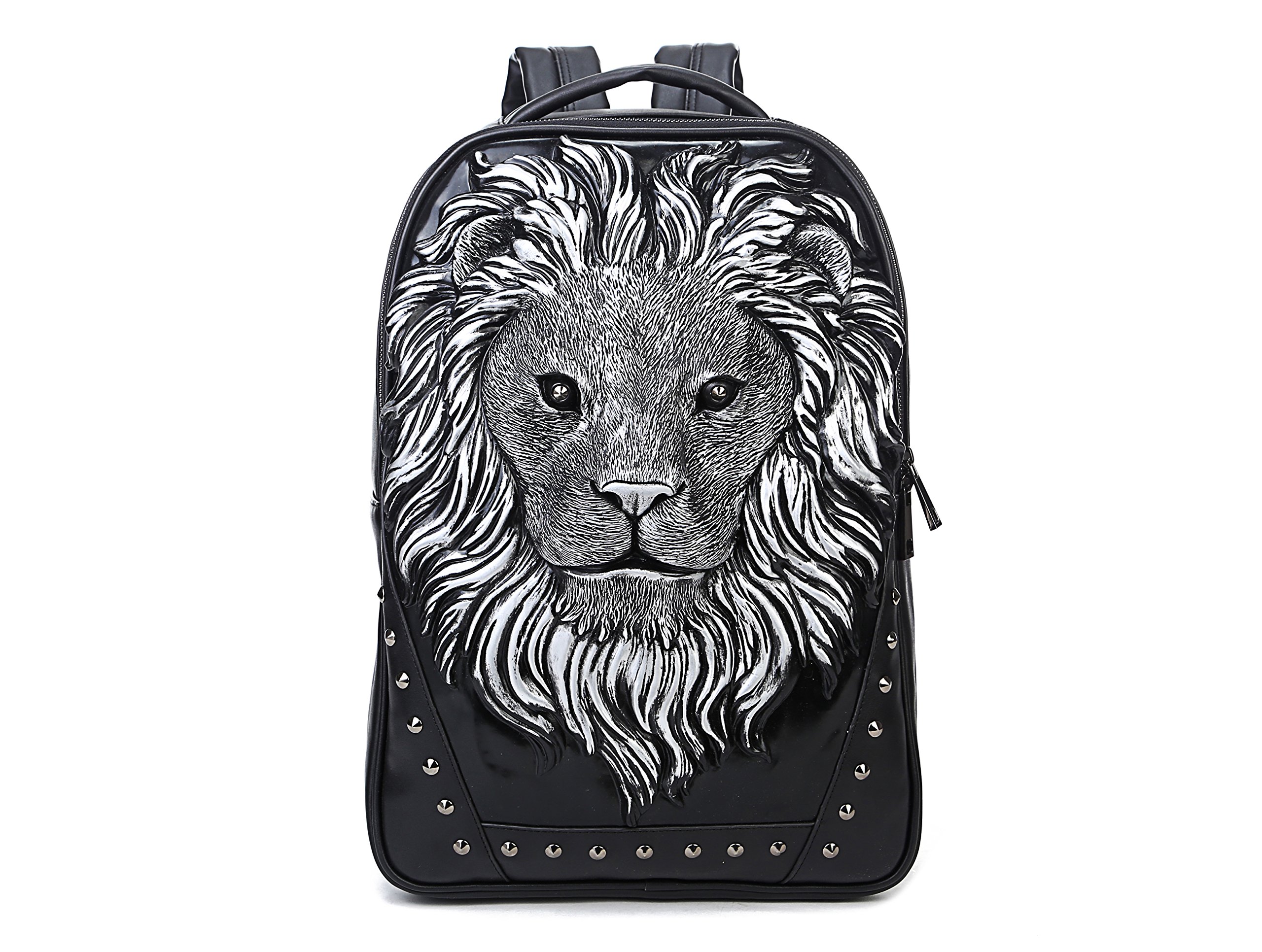 Berchirly Men Pu Leather Backpack Women Casual 3D Lionhead Studded Pack Travel Outdoor Daypack Laptop Bag