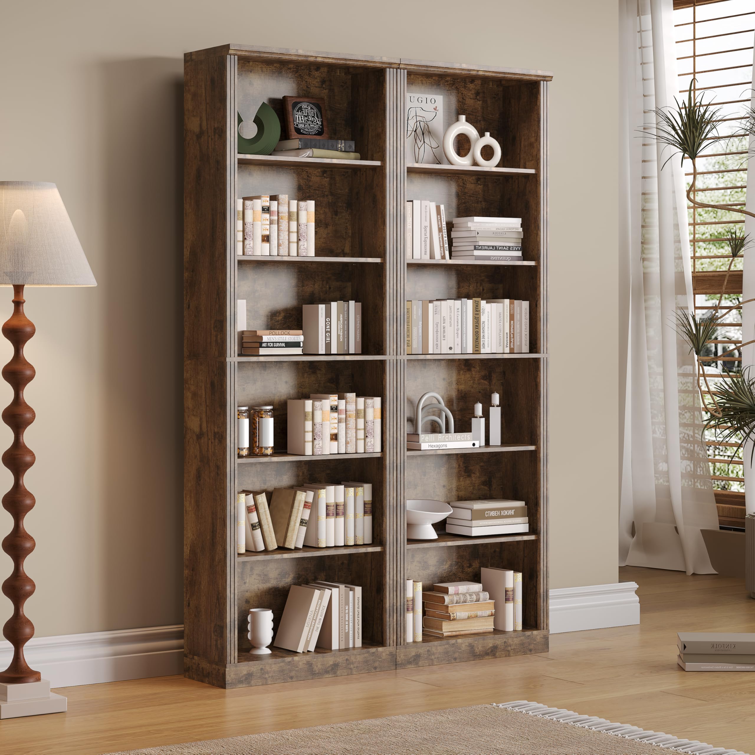 6-Tier Adjustable Tall Bookshelf Set of 2