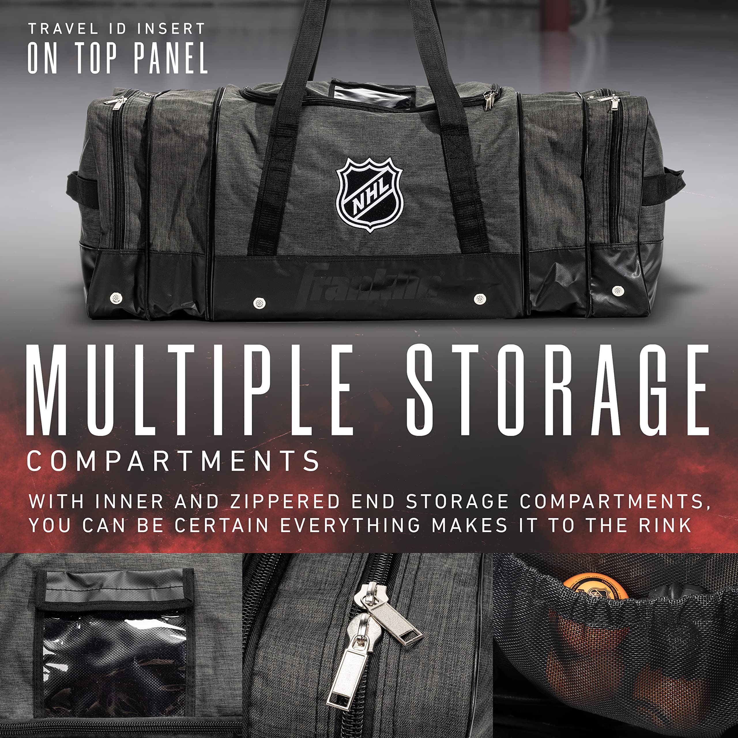 Franklin Sports NHL - Borsa da trasporto per hockey su ghiaccio, di alta qualità, per attrezzatura da hockey, grande, espandibile, resistente, con licenza NHL, Grigio/Verde Foresta, affidabile