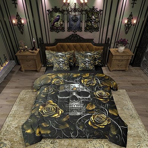Erosebridal Sugar Skull 7 Pcs Comforter Set King,Yellow Rose
