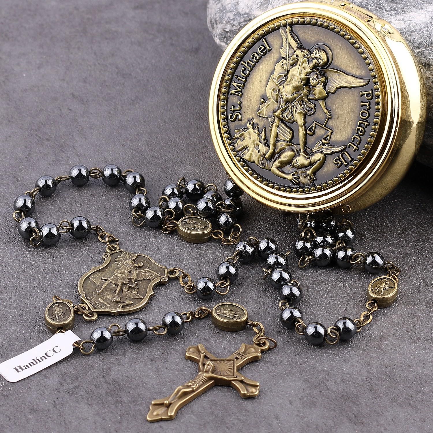 HanlinCC Hematite Black Stone Beads Saint Michael the Archangel Catholic Rosary Necklace with Gold Plated Metal Gift Box for Men Women - Image 9