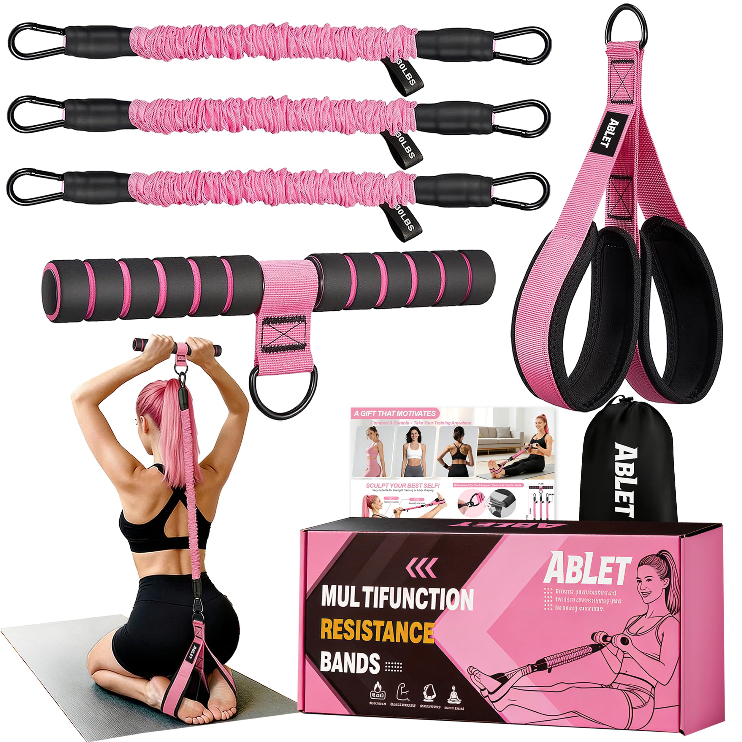 3 Tube Pedal Resistance Band with Handle, Upgraded Multifunction Adjustable Home Workout Equipment for Women, Full Body Toning Bands for Abs Core Waist Arms Legs Glutes, Sit Up Exercise Tool
