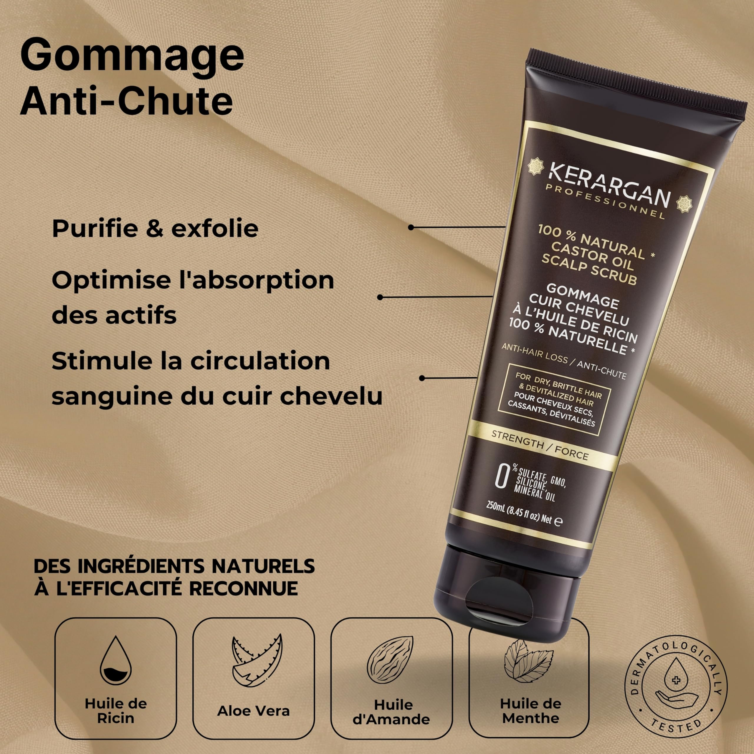 KERARGAN - Routine Ricin 6 Soins Anti-Chute - 3x500ml+100ml+350ml+250ml | Shampoing, après-shampoing, masque, sérum, soin sans rinçage et gommage, routine anti-chute complète