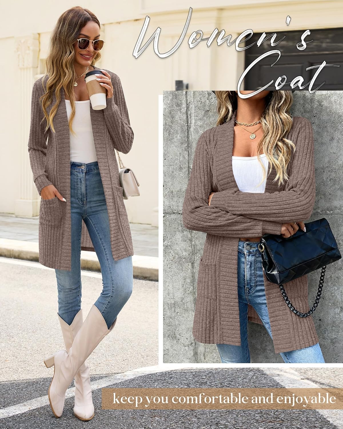 Women's Long Cardigan Sweater with Patch Pockets, Open Front Long Sleeve Lightweight Loose Ribbed Knit Coatigan - Image 4
