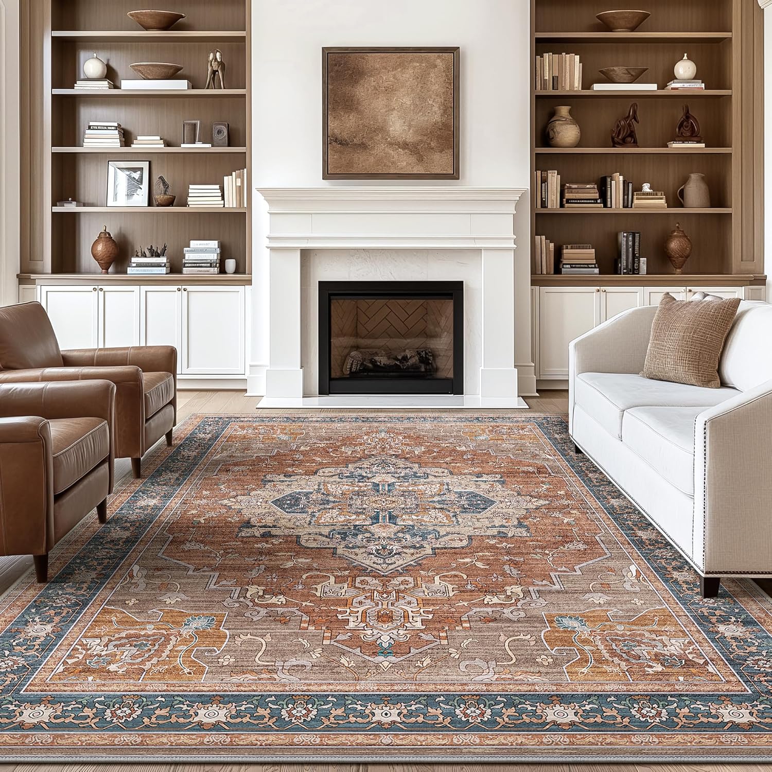 Area Rugs for Living Room 8x10 Machine Washable Rug, Boho Vintage Retro Large Floral Medallion Carpet for Bedroom Dining Room, Low Pile Lightweight Non Slip Rug,Brown/Blue