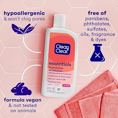 Miniatura 4 de Clean & Clear Essentials Crema hidratante facial sin aceite de doble acción, tratamiento para el acné con ácido salicílico con provitamina B5