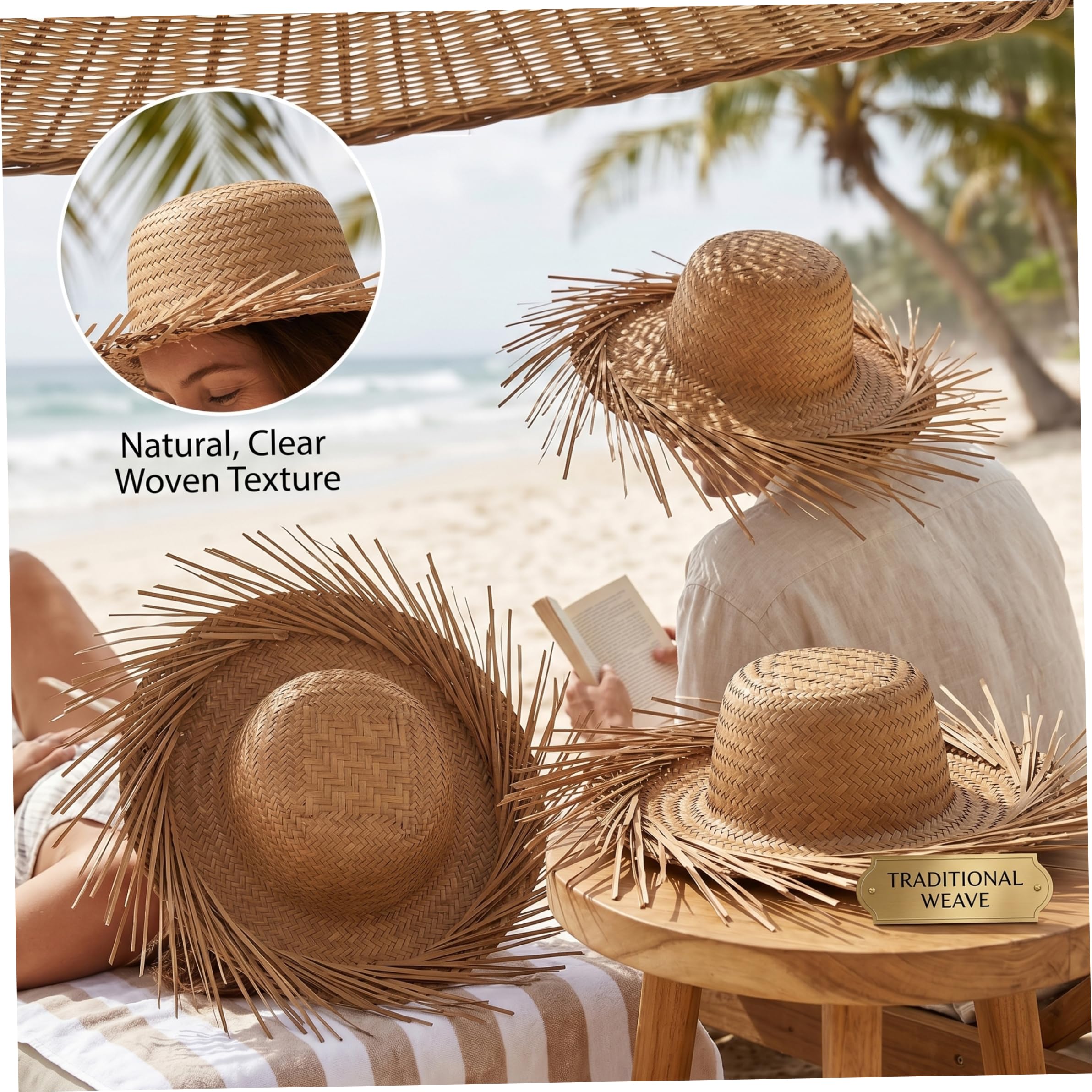 Cappello Pava da 2 Pezzi Cappello di Paglia Hawaiano Intrecciato con Nappa in Stile Rustico Casual.