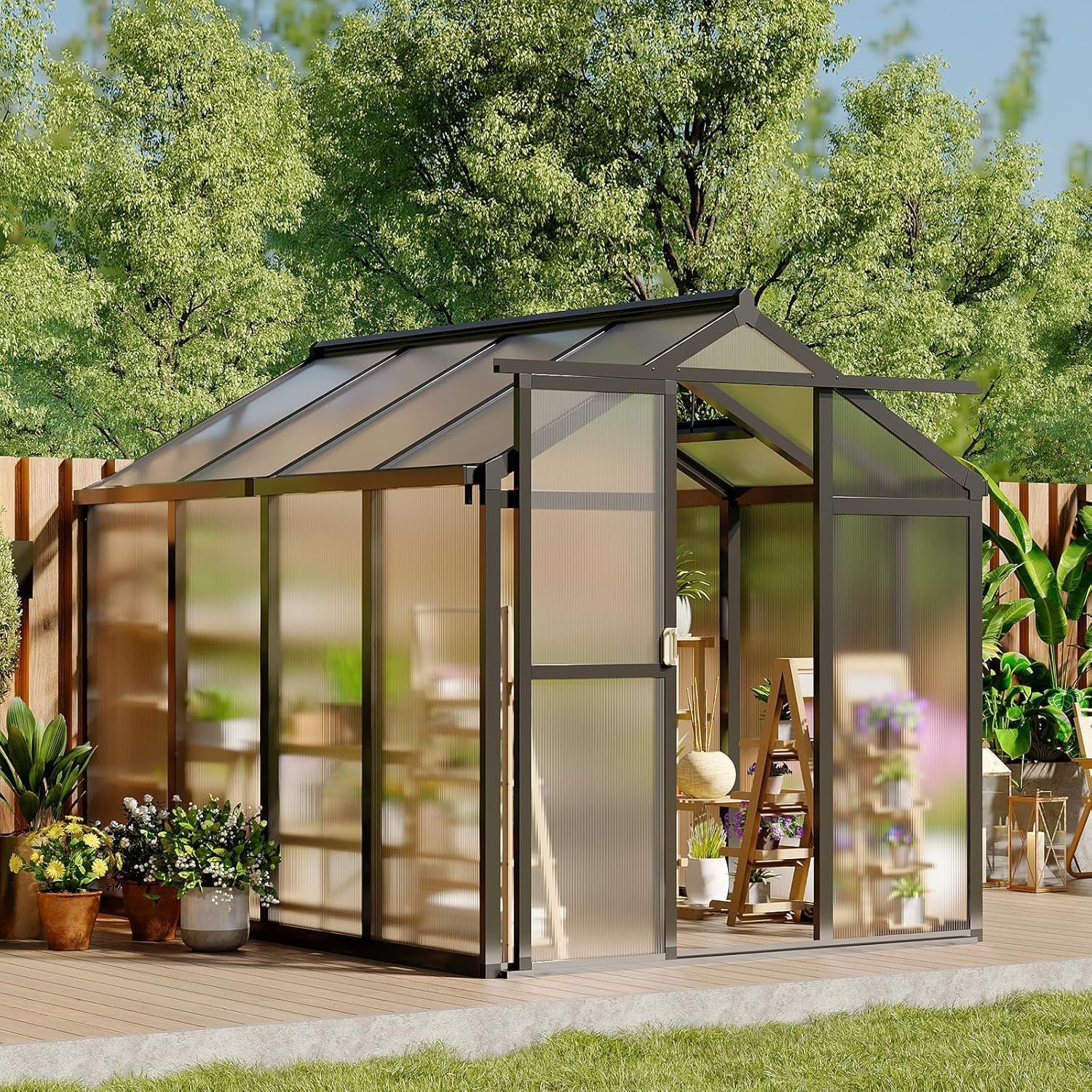 (Incomplete, Only Box 1 of 2) Greenhouse, 6x8 Ft Outdoor Greenhouses with Roof Vents and Sliding Doors, Aluminum Frame Polycarbonate Accessible Greenhouses, Suitable for Outdoor Gardens and Backyards, Black