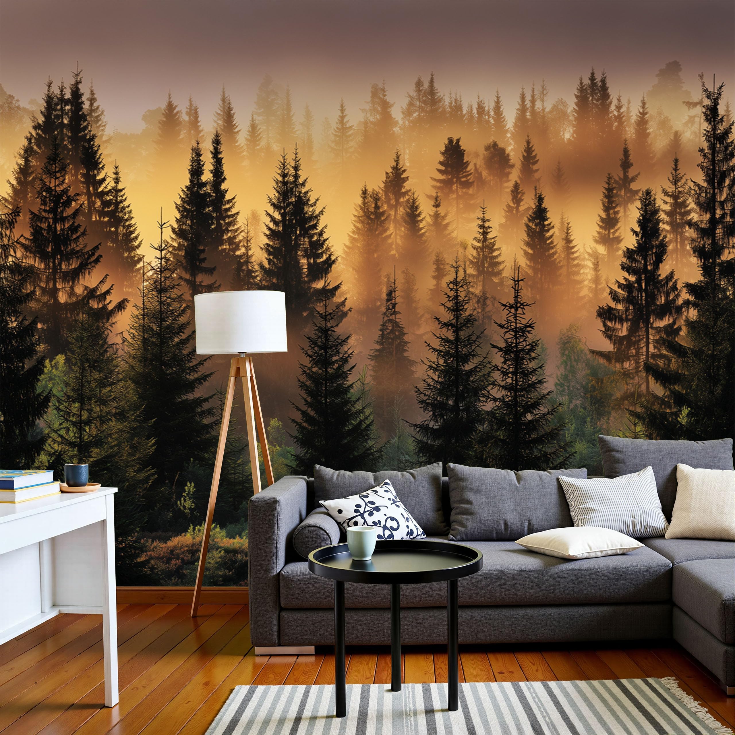 Papier peint panoramique forêt de pins pour illuminer un salon sombre