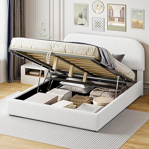Miniatura 17 de Cama de plataforma de almacenamiento tamaño Queen con 4 cajones, cama tapizada de tela de lino con cabecera clásica, marco de cama de madera de