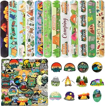74PCS Camping Party Favors, 24 Slap Bracelets and 50 Camping Stickers