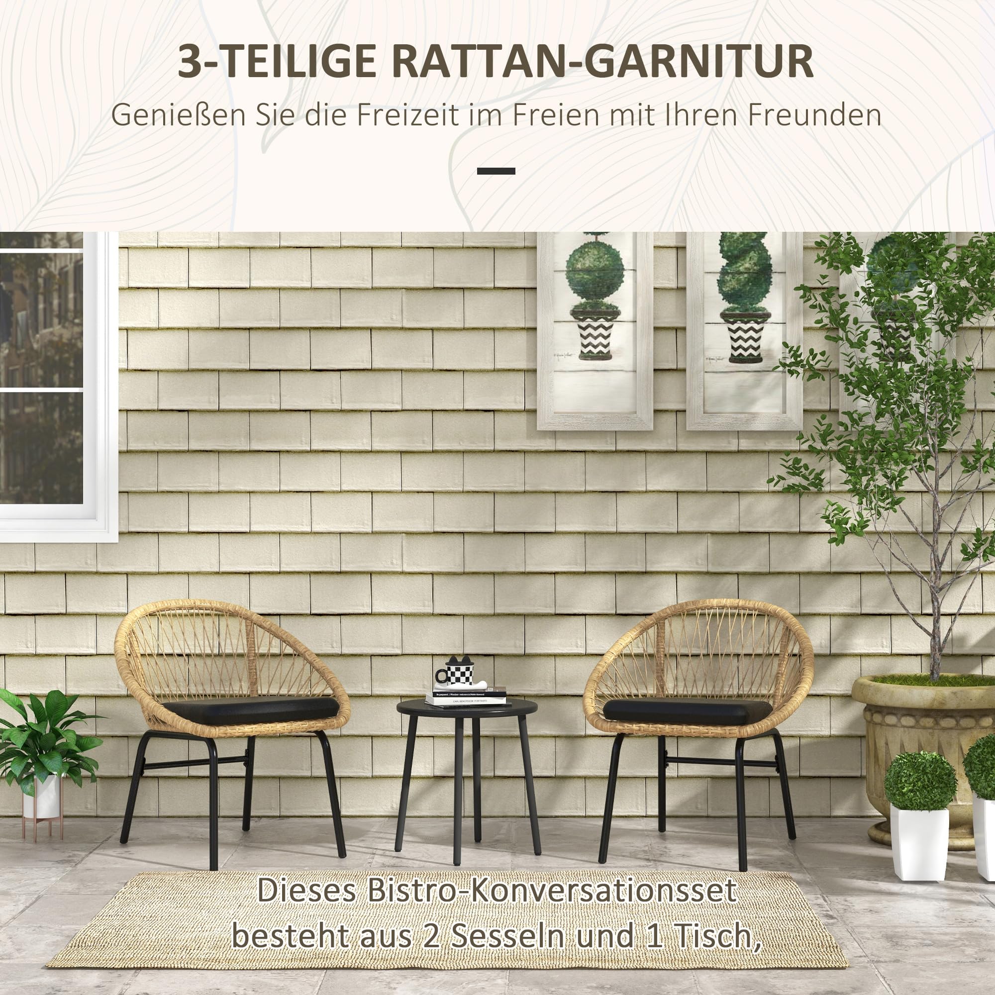 Outsunny 3-TLG. Rattan Gartenmöbel-Set, Balkonmöbel-Set mit Couchtisch Gelb | 2 Stühlen, Sitzgarnitur mit Kissen, Gartensitzgruppe für Balkon, Terrasse, Polyester, Outdoor