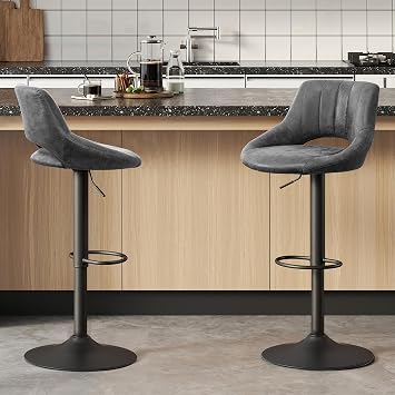 Volans Swivel Bar Stools Set of 2, Mid Century Modern Height Adjustable Barstools, Counter to Bar Height Chairs with Back for Home Kitchen, Suede Fabric, Gray