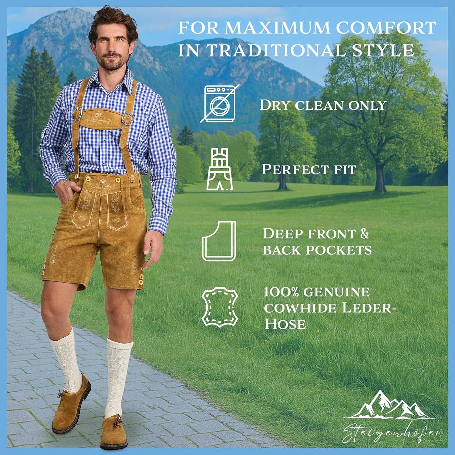 STEIGENHÖFER Lederhosen Men - Authentic German Bavarian Shorts - Real Leather Oktoberfest Costume - Trachten Outfit